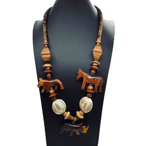 Statement Necklace Rhino Horse Zebra Wood Shell Vintage 1970 1980 Retro African